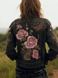 Women's Vintage Linen Floral Long-sleeved Denim Jacket elevenforest