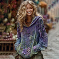 Vintage Green And Purple Rose Art Linen Hoodie elevenforest
