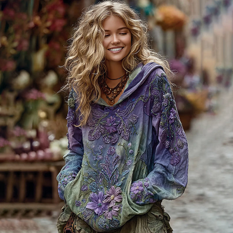 Vintage Green And Purple Rose Art Linen Hoodie elevenforest