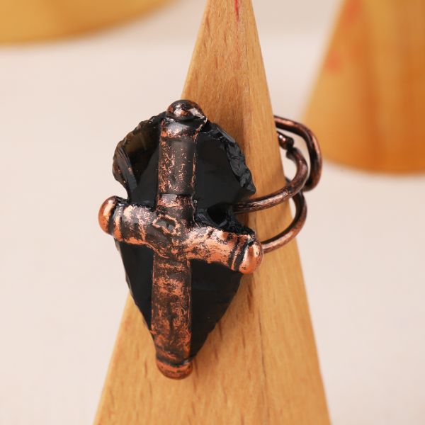 Natural Black Obsidian Cross Rings