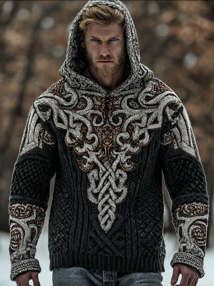 Men's Hooded Thick Sweater With Viking Style Tribal Totem And Wolf Totem Patterns elevenforest