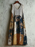 Japanese Art Retro Style Plant And Flower Pattern Patchwork Design V-neck Cotton And Linen Dress elevenforest