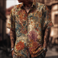 Bohemian Style Plant And Flower Pattern Men's Retro Cotton And Linen Shirt elevenforest