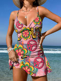 V-Neck Vintage Multicolor Hippie Peace Flower Art Print Suspender Skirt Tankini Pantskirt Set Swimsuit