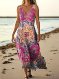 Women's Ethnic Totem Art Print V Neck Sleeveless Pocket Cotton Dress