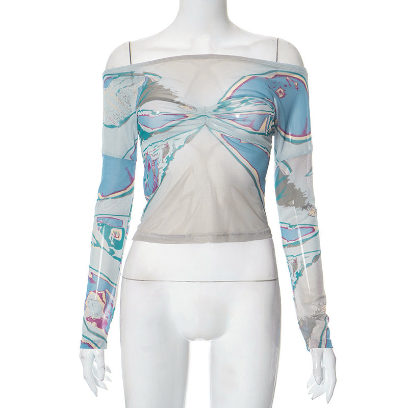 Off Neck Printed Long Sleeve Mesh Transparent Top Autumn