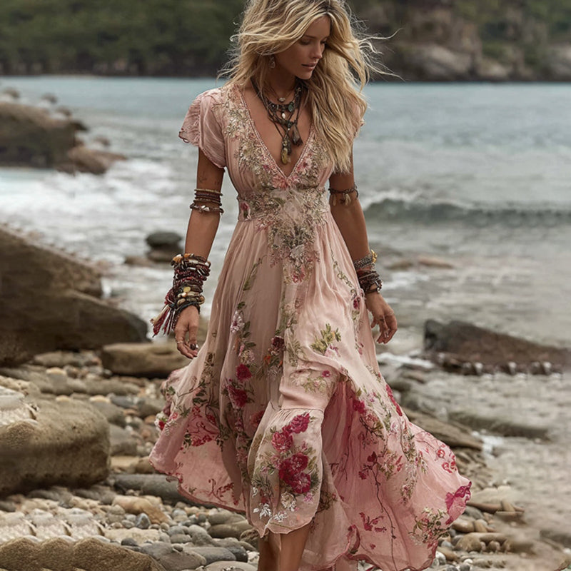 Vintage Boho Pink Roses Lace Flowy Linen Short Sleeve Maxi Dress elevenforest