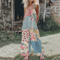 Women's Bohemian Floral Patchwork Linen Print Cotton Linen Jumpsuit elevenforest