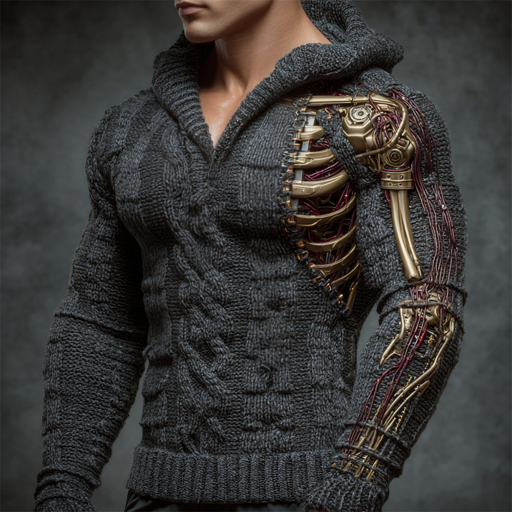 Halloween Mechanical Skeleton Patchwork Men's Hooded Sweater artswardrobe