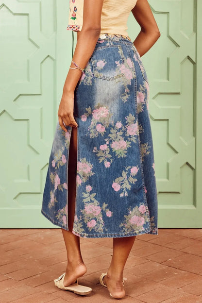Casey Flower Print Denim Pencil Skirt