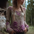 Bohemian Style Round Neck Long Sleeve 3d Purple Flower Design Cotton And Linen Top For Women elevenforest
