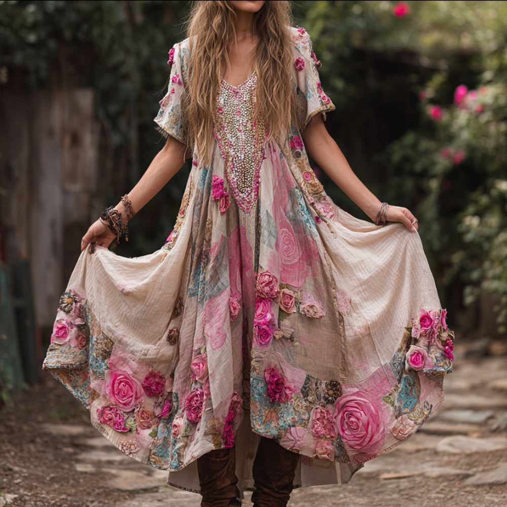 Bohemian Style Three-dimensional Embroidered Rose With Diamond Embellishments, Color-block Dreamy Pink Vintage V-neck Slim Short-sleeved A-line Long Dress elevenforest