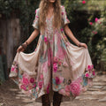 Bohemian Style Three-dimensional Embroidered Rose With Diamond Embellishments, Color-block Dreamy Pink Vintage V-neck Slim Short-sleeved A-line Long Dress elevenforest