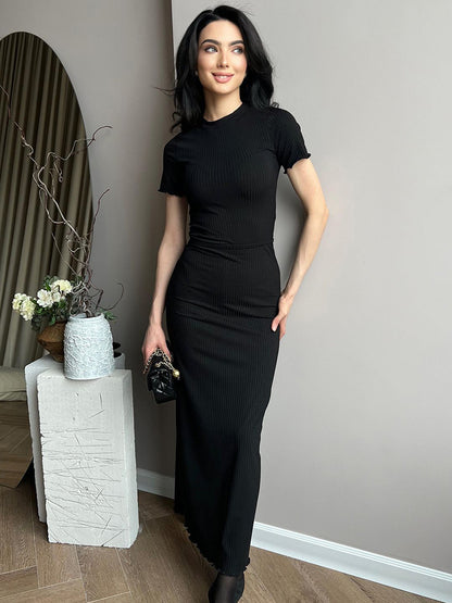 Tossy Ribbed Knit Long Dress for Slim Short Sleeve Ruffled High Waist Patchwork Gown Knitwear Maxi Dress