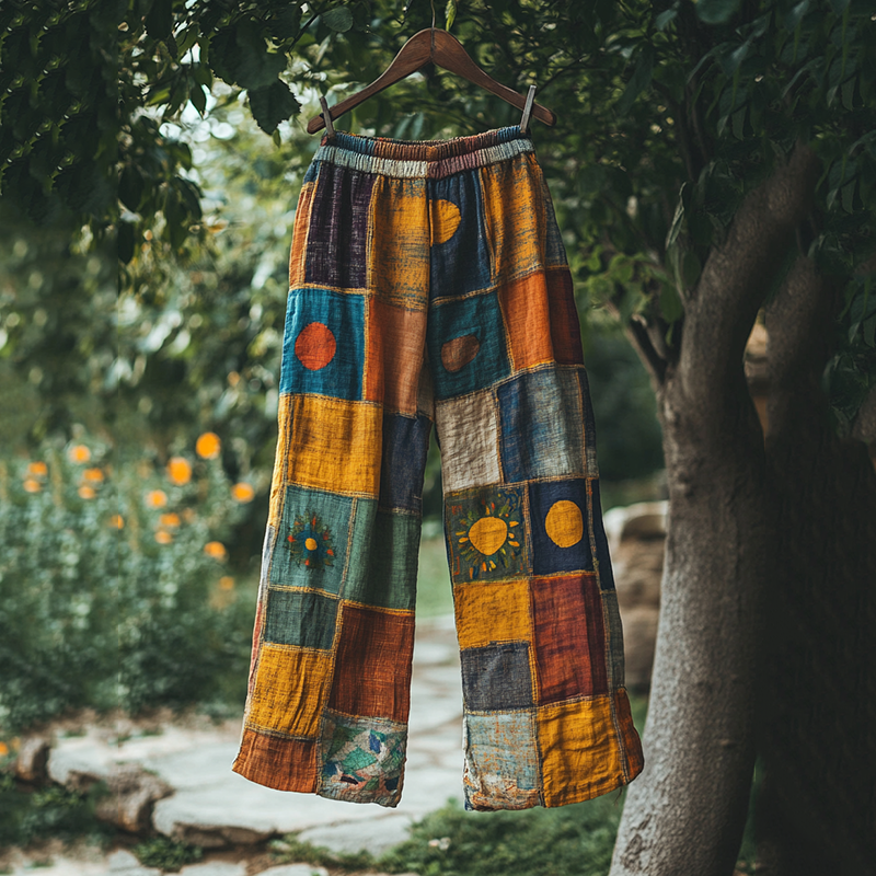 Comstylish Vintage Color Block Linen Blend Loose Pants