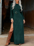 Trendy Western-style Fringed Slit Green Faux Suede Maxi Dress