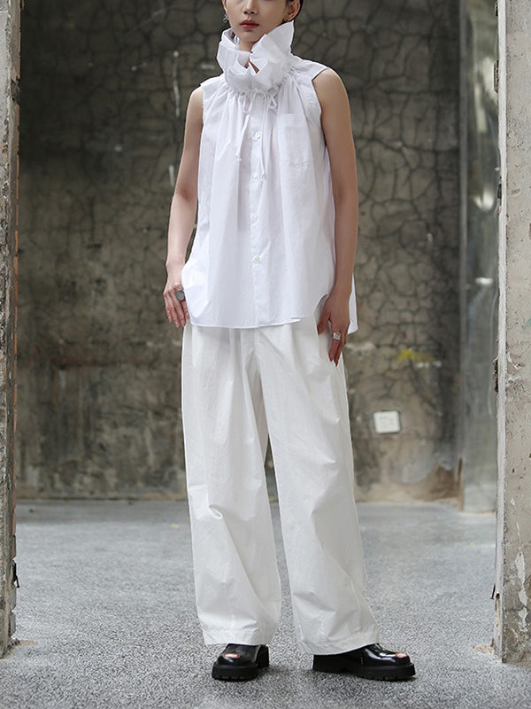 Sleeveless Pleated Color Statement Collar Blouses&shirts Tops