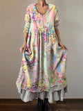 Women's Art Floral Hippie Vintage Print V Neck Dress