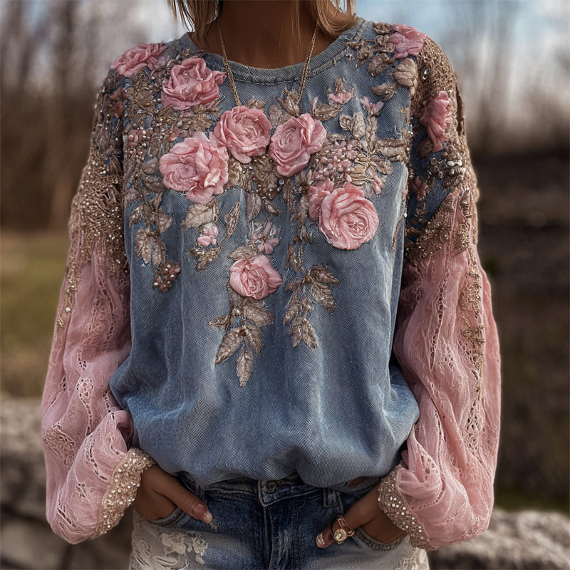 Vintage Pink Flowers Glitter Embroidered Patchwork Sweatshirt elevenforest