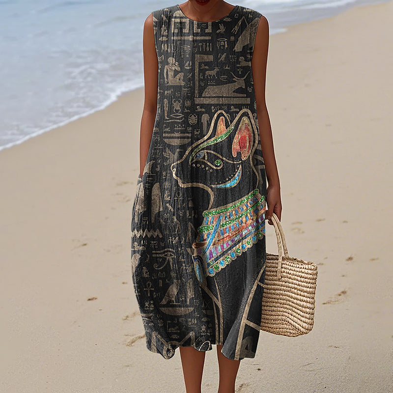 Comstylish Ancient Egyptian Inspired Vintage Linen Casual Sleeveless Dress