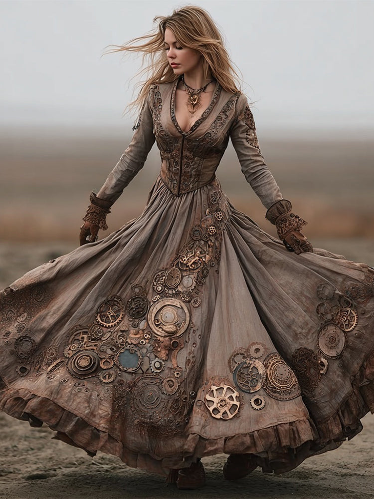 Vintage Steampunk Clock & Gear Inspired Flowy Linen Maxi Dress elevenforest
