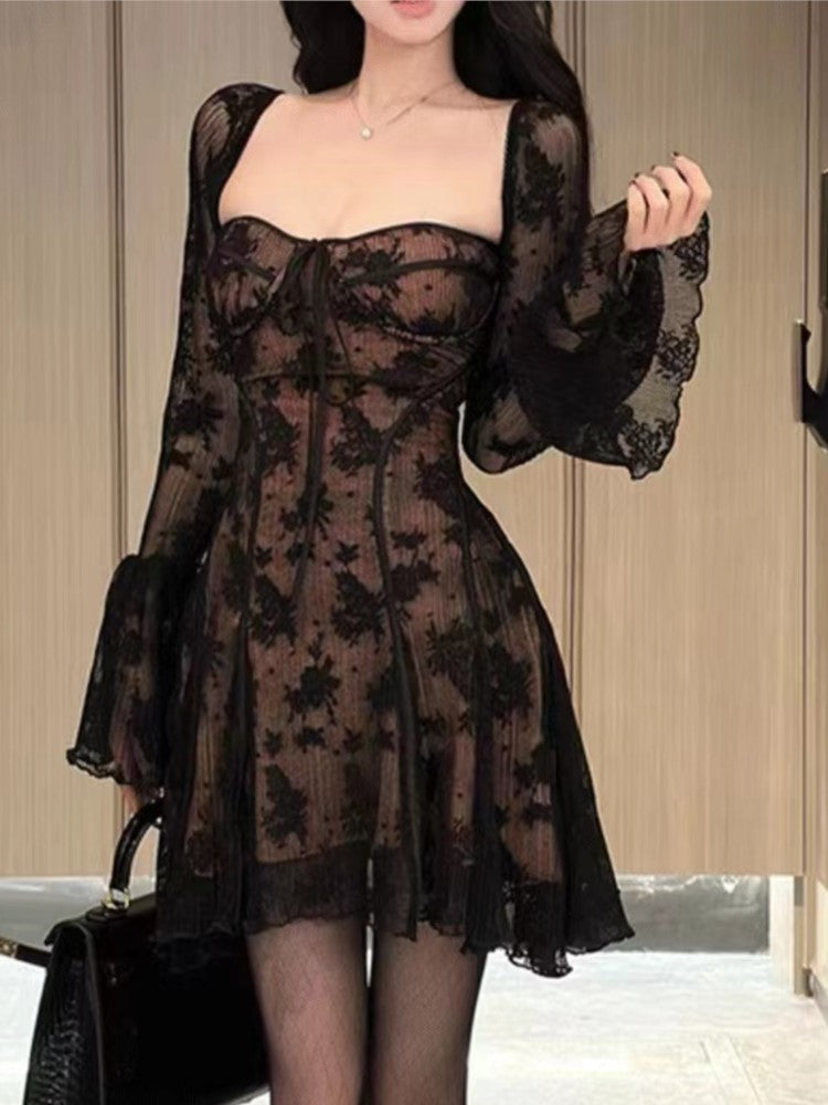 French Lace Mini Dress Y2k Off Shoulder Lace Up Ruffles A-line Autumn Spring Long Sleeve Party Dress Prom Vestidos