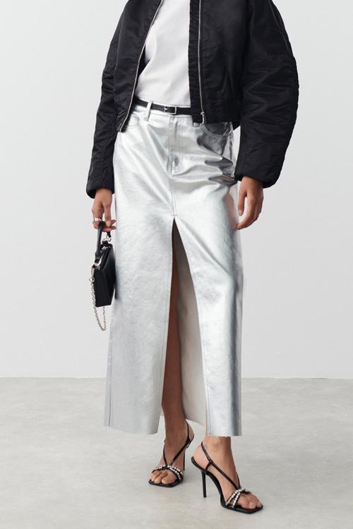 Andrey Metallic Midi Slit Skirt
