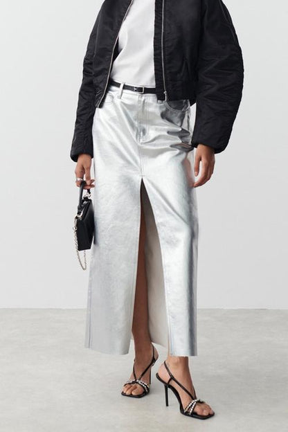 Andrey Metallic Midi Slit Skirt
