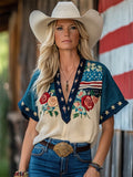 Independence Day Roses Floral American Flag Contrast Linen Shirt elevenforest