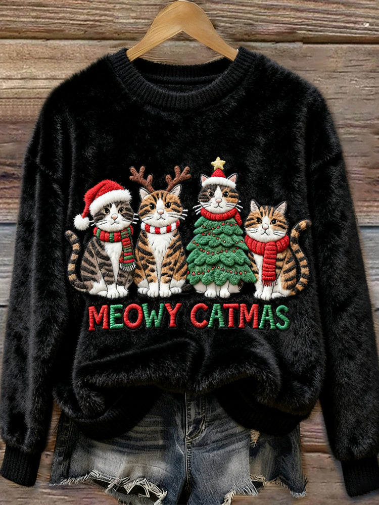 Meowy Catmas Embroidery Women's Cozy Plush Sweater elevenforest