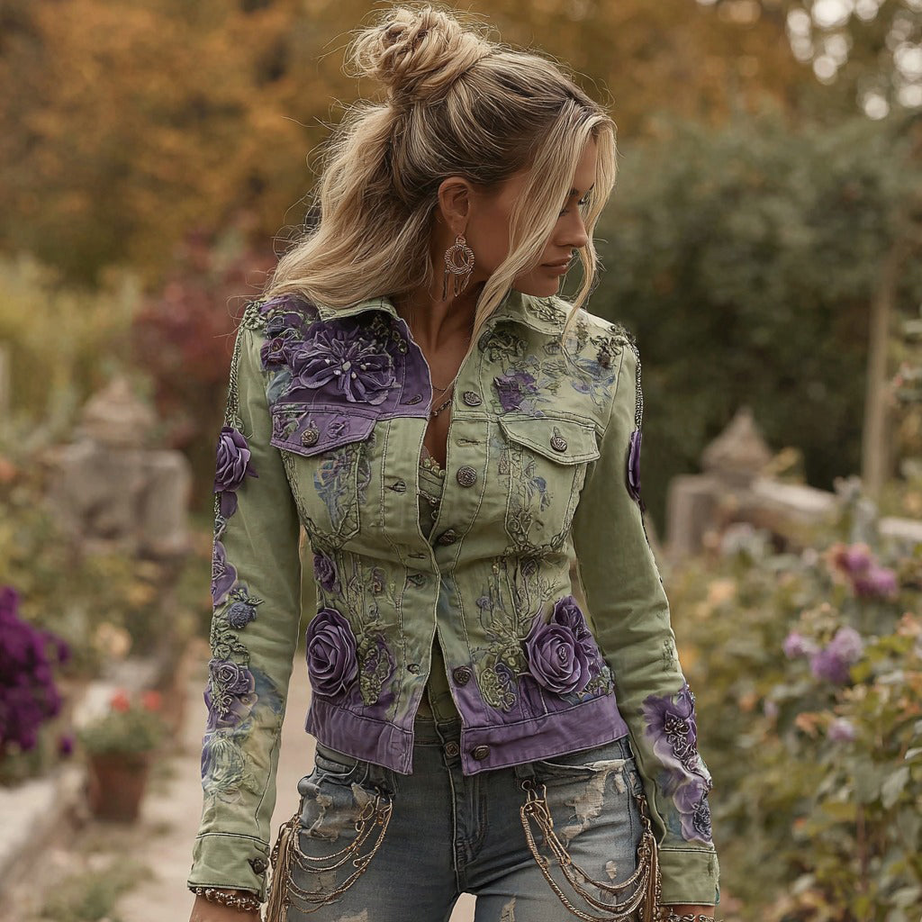 Women's Purple Rose Embroidery Pattern Dyed Washed Denim Jacket elevenforest