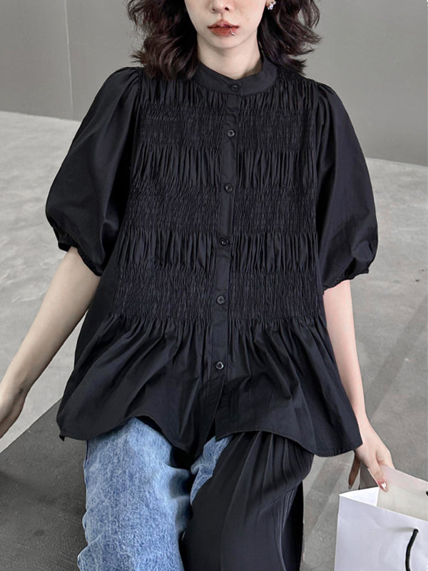 Loose Puff Sleeves Pleated Color Round-neck Blouses&shirts Tops