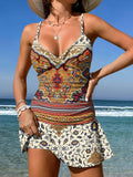 V-Neck Retro Mandala Symmetrical Pattern Art Print Suspender Skirt Tankini Pantskirt Set Swimsuit