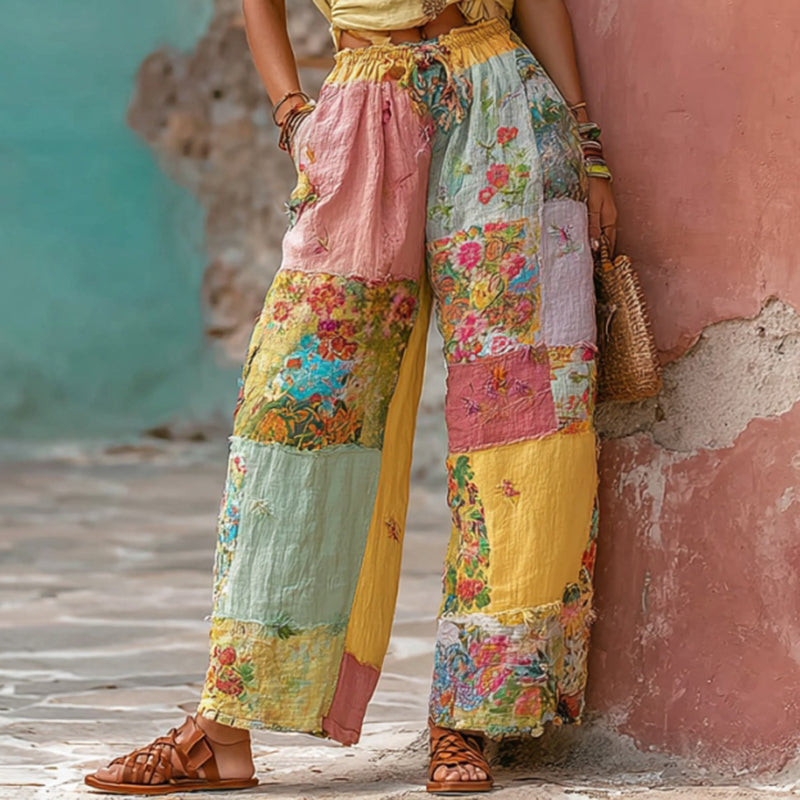 Women's Bohemian Floral Embroidery Patchwork Art Linen Blend Pants elevenforest