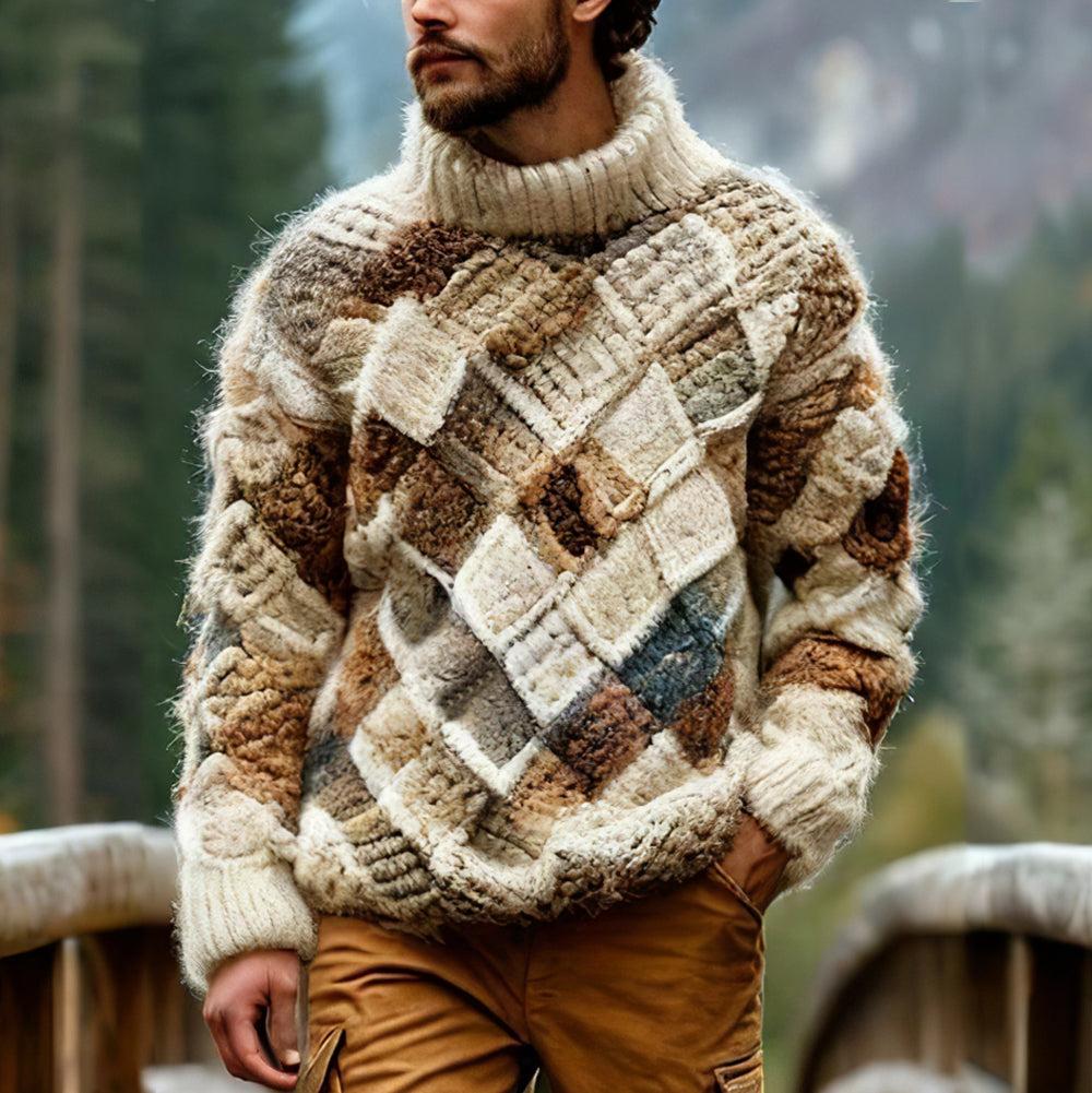 Men's Vingate Chunky Geometric Knitting Jacquard Turtleneck Sweater elevenforest