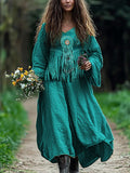 Western Turquoise Beaded Tassels Flowy Linen Blend Maxi Dress elevenforest