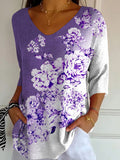 Women's Purple Art Printed Pit Fabric Casual V-neck Mid-sleeve Knitted T-shirt elevenforest