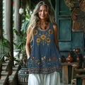 Retro Sunflower Ethnic Art Embroidered Linen Tank Top elevenforest