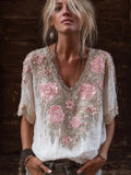 Bohemian Shattered Vintage Style Embroidered Flower Short-sleeved Shirt elevenforest
