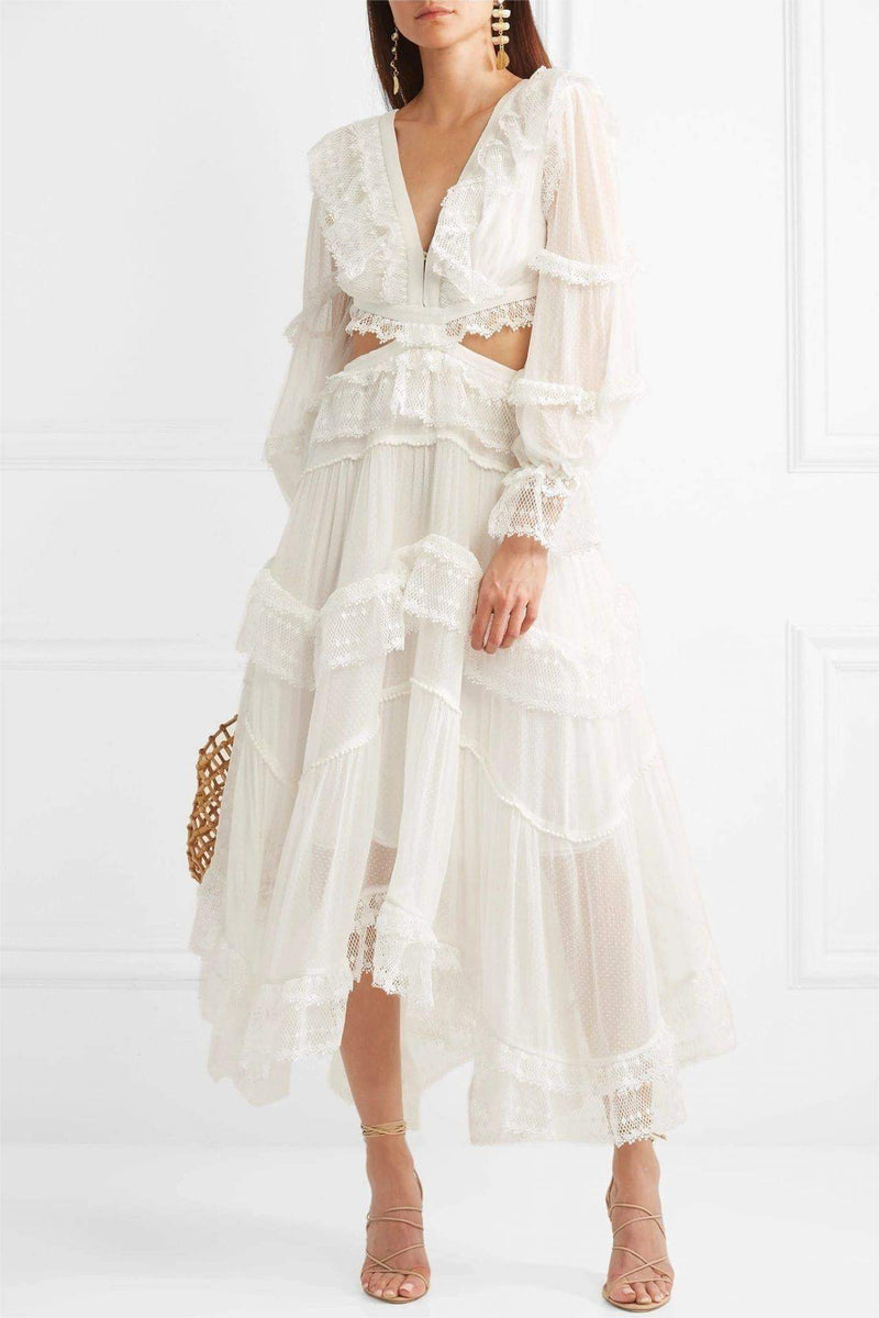 Long Sleeve V-neck Cut-out Backless Lace Up Midi Dress White