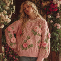 Women's Vintage Pink Rose Embroidery Art Chunky Knit Warm Crew Neck Sweater elevenforest
