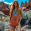 Vintage Tribal Dreamcatcher Embroidered Women's Linen T-shirt elevenforest