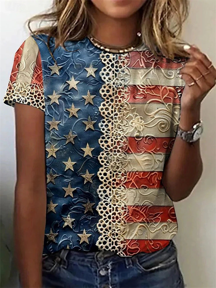 Comstylish Vintage Lace Independence Day Flag Element Women's T-shirt