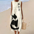 Women's Vintage Cat Art Print Linen Dress elevenforest