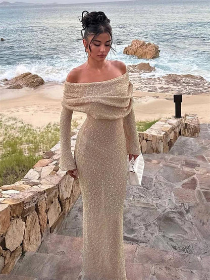 Tossy Knit Hollow Out Off-shoulder Maxi Dress Female Cover Up Loose Long Sleeve Holiday Beach Party Dress Knitwear Dress