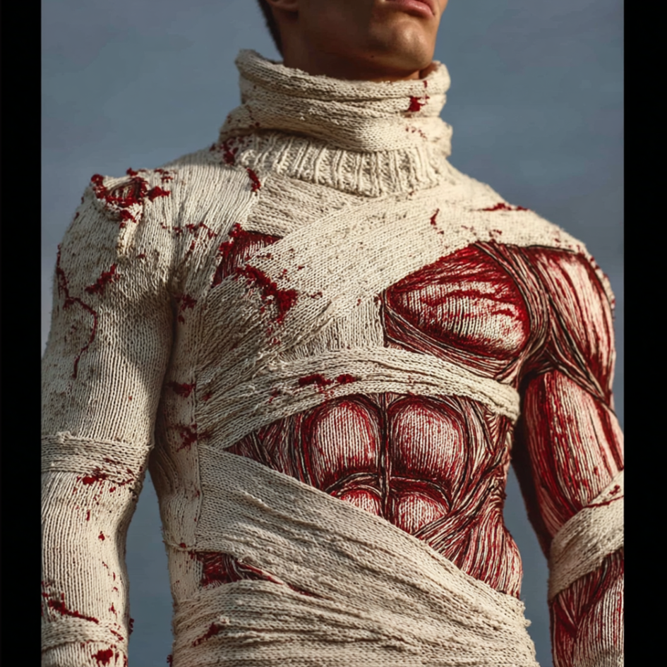 Men's Halloween Bloody Bandage High-collar Knit Sweater artswardrobe