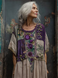 Vintage Cottagecore Purple Roses Embroidered Patchwork Linen Maxi Dress elevenforest