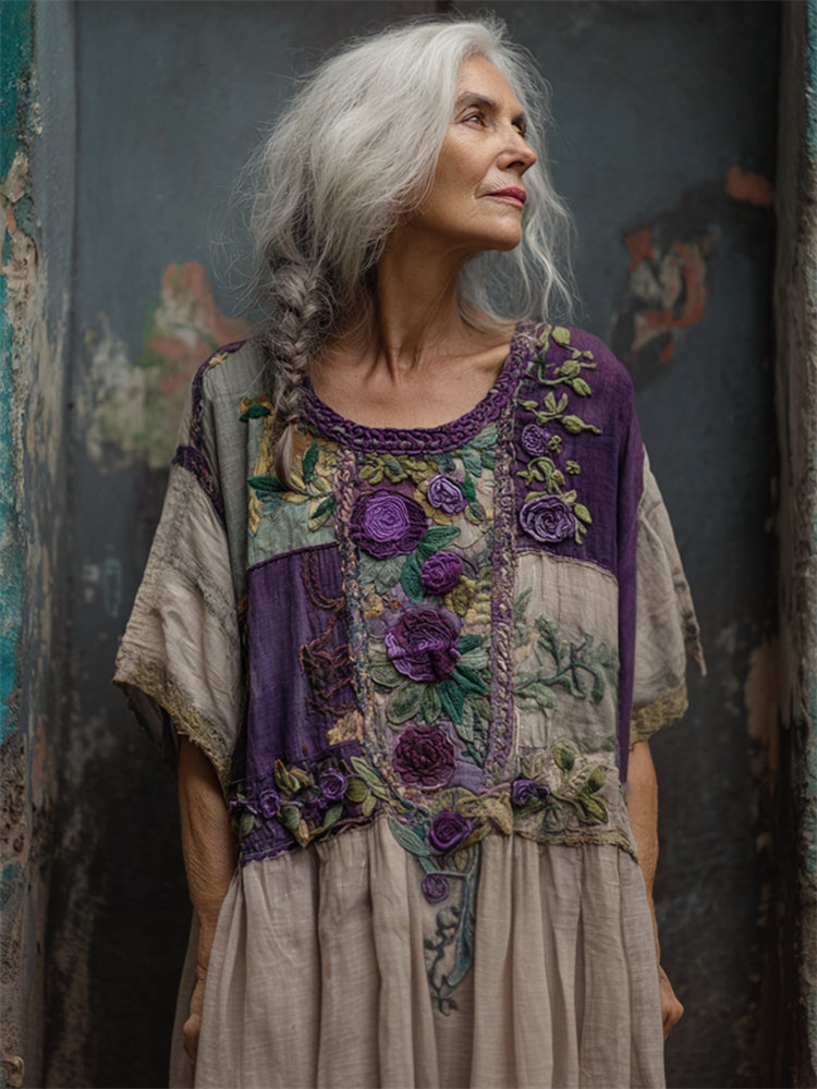 Vintage Cottagecore Purple Roses Embroidered Patchwork Linen Maxi Dress elevenforest