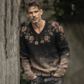 Men's Retro Floral Art Jacquard Thick Warm V Neck Sweater elevenforest