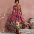 Women's Bohemian Floral Embroidery Art Print Tank Maxi Dress elevenforest